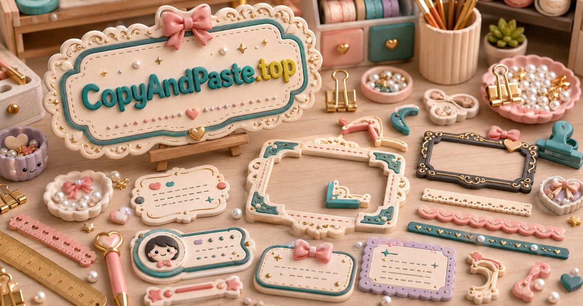 Aesthetic Borders Pack illustration showing decorative frames, borders, brackets, profile boxes, and copy-paste text frames.
