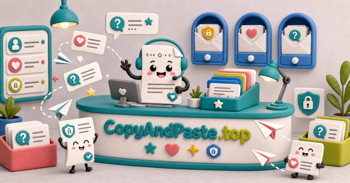 Contact illustration showing support messages, feedback cards, privacy questions, and CopyAndPaste.top communication tools.