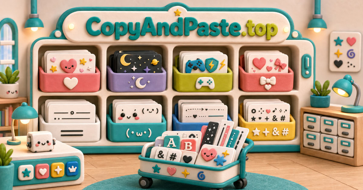 Copy Packs illustration showing organized packs of symbols, bios, emoji combos, dividers, kaomoji, and username ideas.