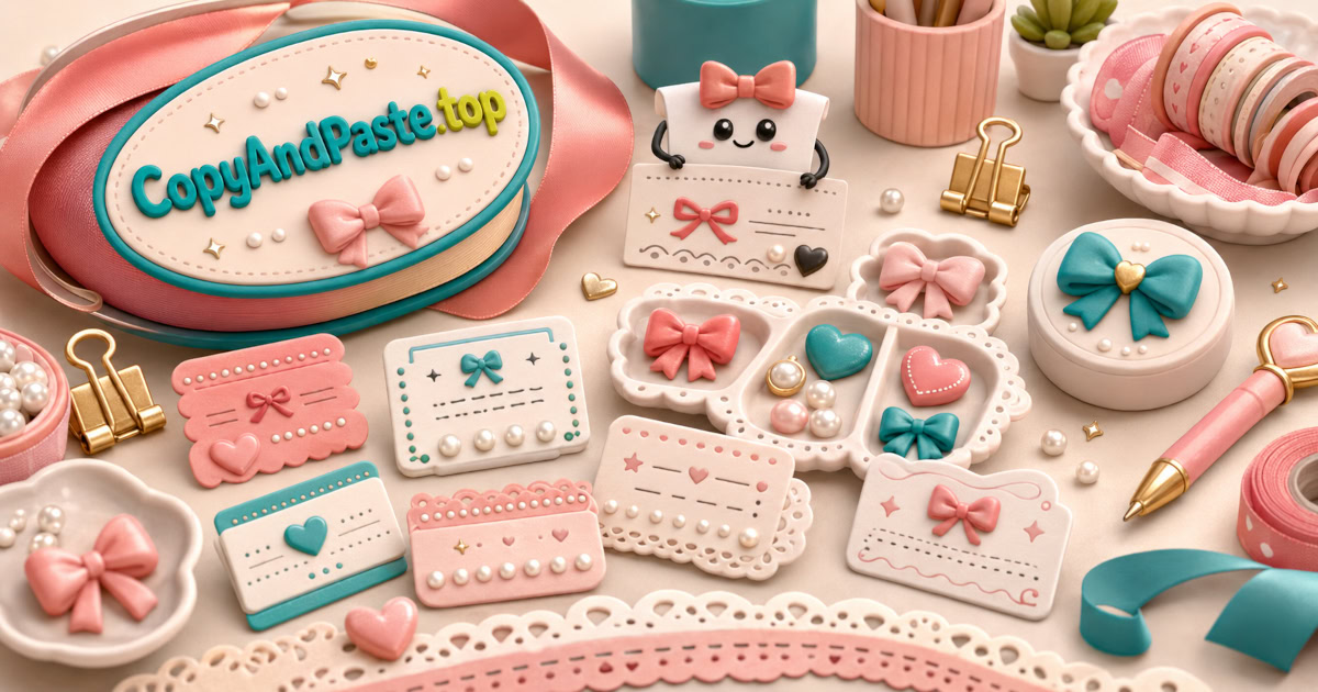 Coquette Symbols Pack illustration showing bows, hearts, ribbons, soft dividers, and cute copy-paste decorations.