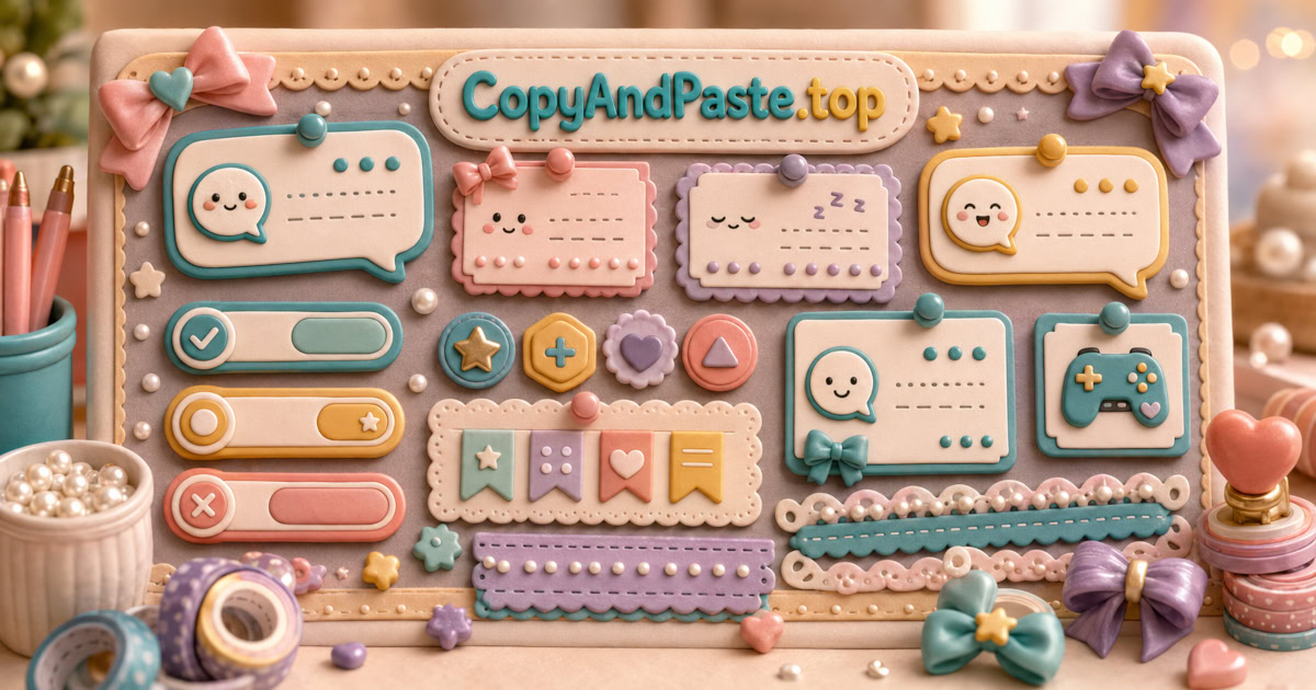 Discord Status Pack illustration showing status cards, chat symbols, gaming icons, kaomoji, and copy-paste status lines.