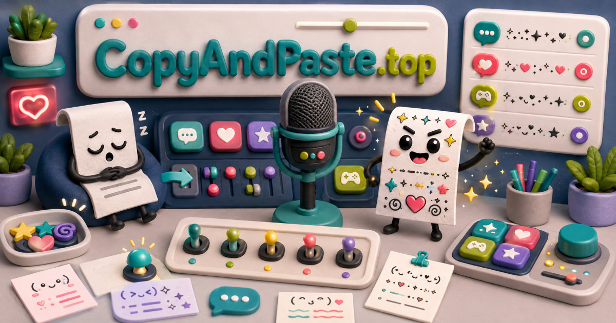 Discord Status Generator illustration showing status ideas, chat symbols, gaming icons, kaomoji, and copy-paste status text.