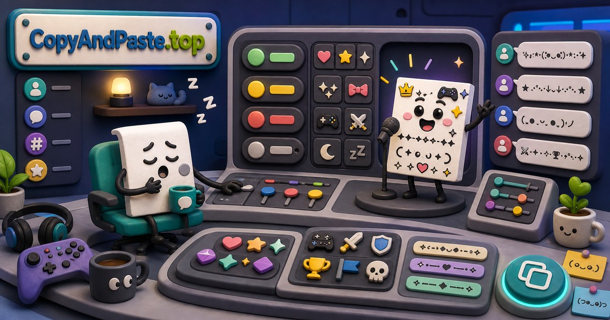 Discord Symbols, Statuses, and Names illustration showing a chat command center with status cards, display name tiles, gaming symbols, kaomoji, dividers, and CopyAndPaste.top copy-paste tools.