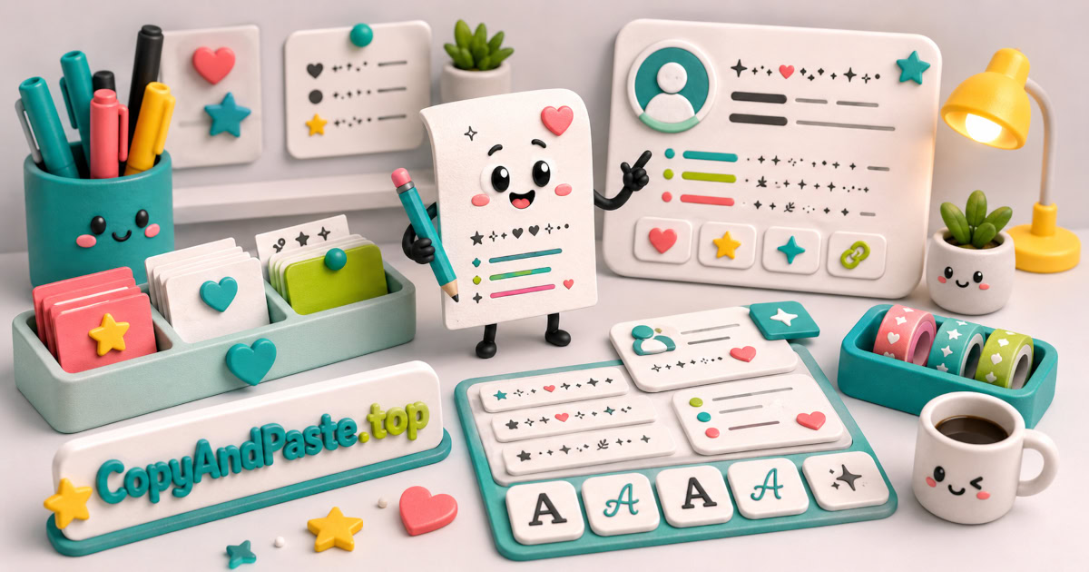 Instagram Bio Generator illustration showing decorated bio cards, symbols, line breaks, and profile text ideas.