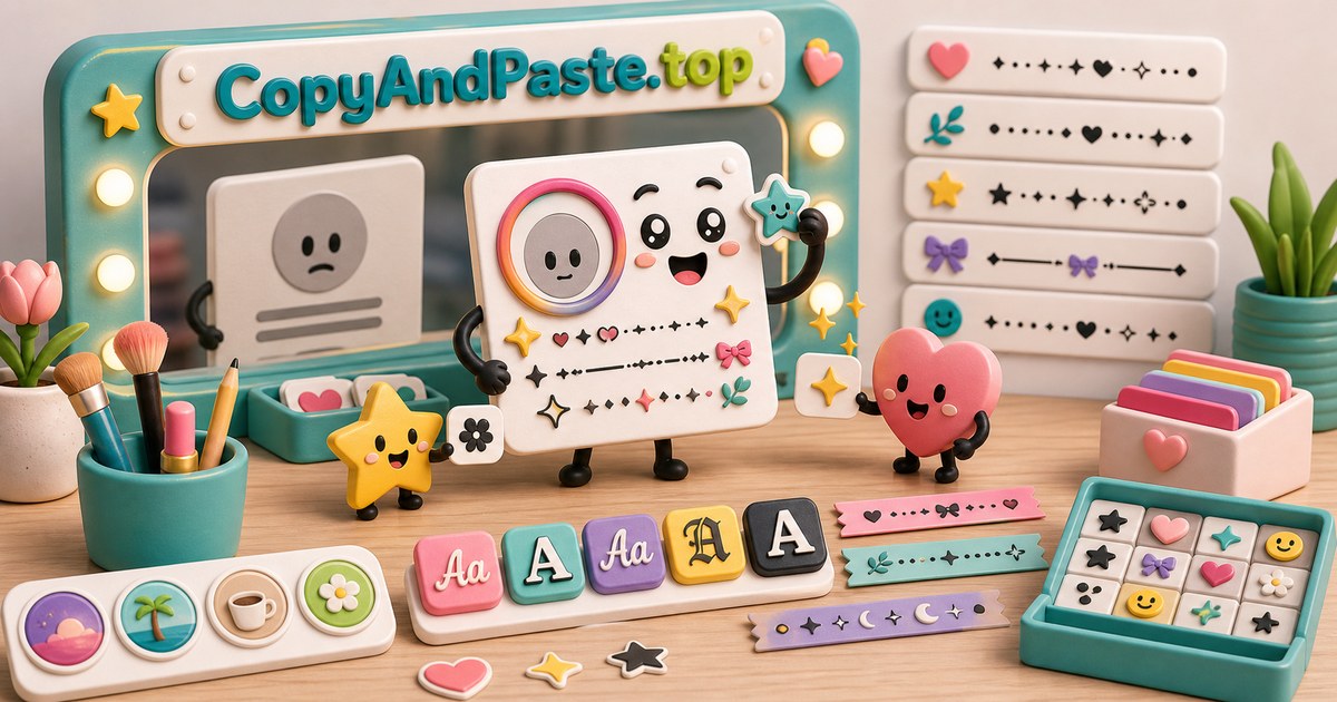 Instagram Symbols, Fonts, and Bios illustration showing aesthetic profile bio cards, caption decorations, highlight symbols, fancy fonts, and CopyAndPaste.top copy-paste tools.