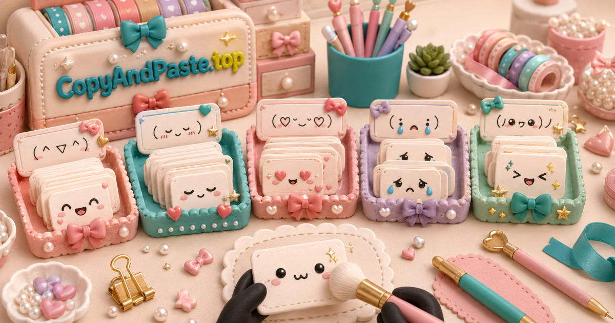Kawaii Kaomoji Pack illustration showing cute Japanese emoticon faces, happy kaomoji, love kaomoji, and shy reactions.