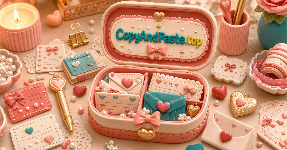 Love Symbols Pack illustration showing heart symbols, romantic decorations, love dividers, and copy-paste message elements.