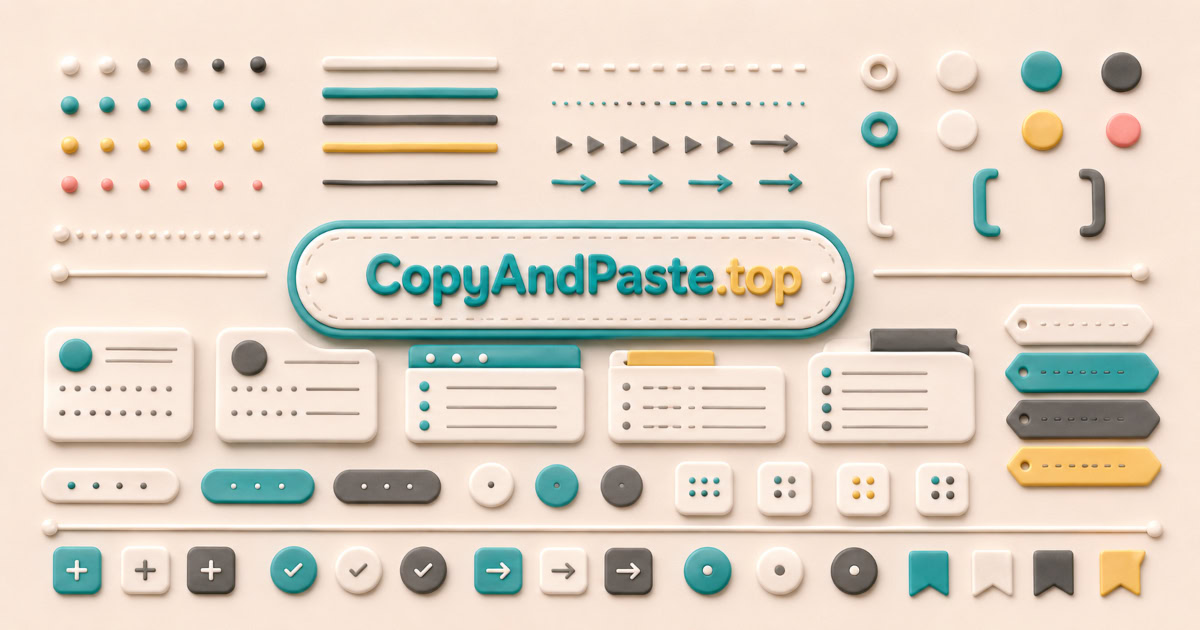 Minimal Symbols Pack illustration showing clean dots, lines, arrows, brackets, circles, and minimal copy-paste dividers.