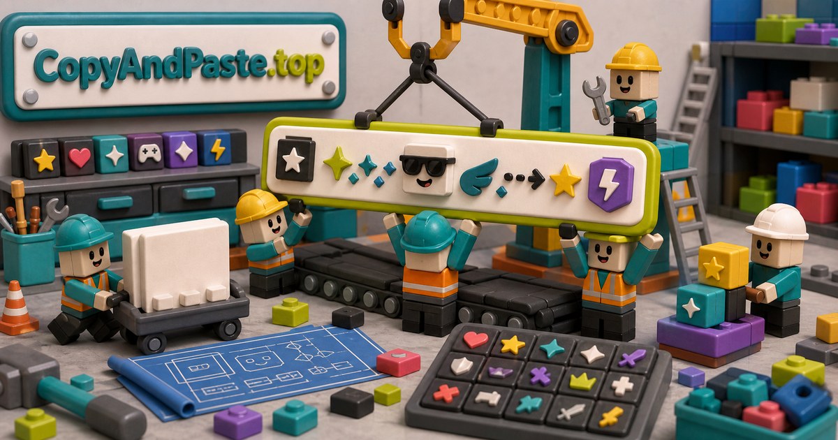 Roblox Usernames, Display Names, and Symbols illustration showing a block-building name workshop with display name signs, gaming symbols, cute decorations, clan dividers, and CopyAndPaste.top copy-paste tools.