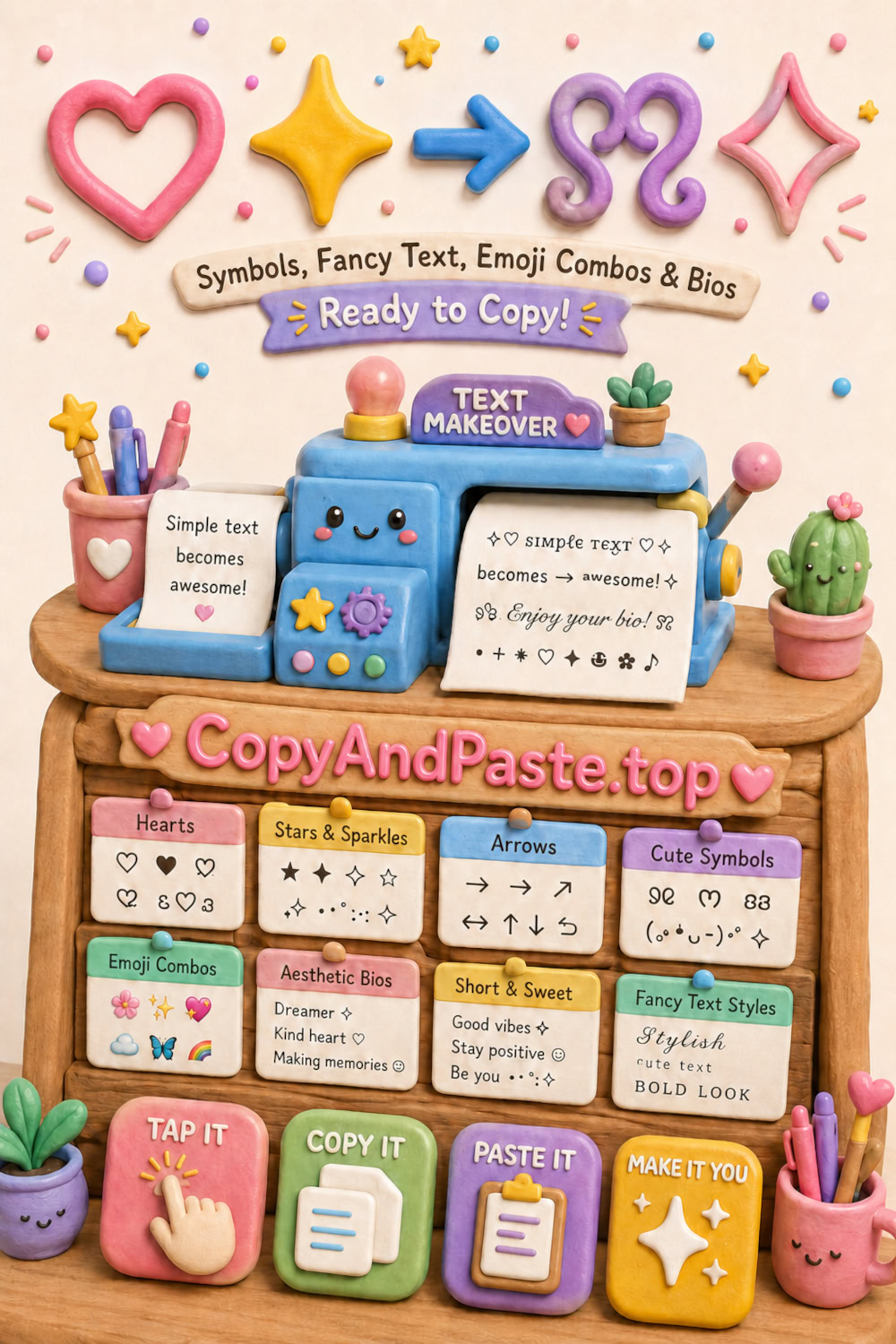 Symbols, fancy text, emoji combos, and bios to copy vertical Pinterest illustration for CopyAndPaste.top.