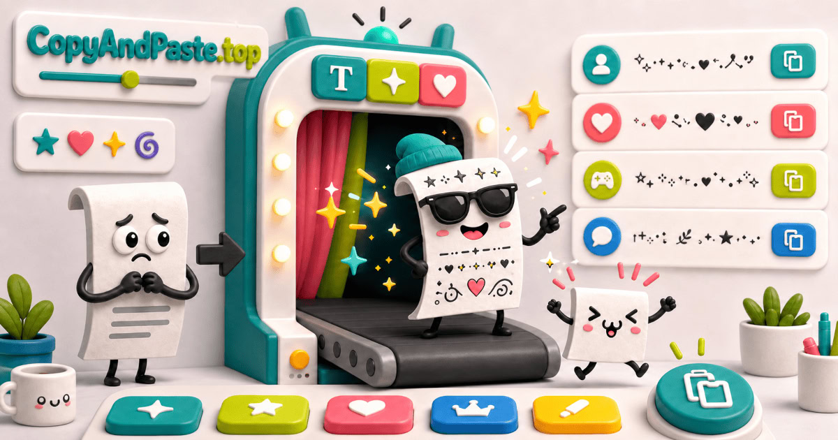 Symbols, Fancy Text, Emoji Combos, and Bios to Copy illustration showing plain text transformed into decorated copy-paste text, symbols, emoji combos, and profile ideas.