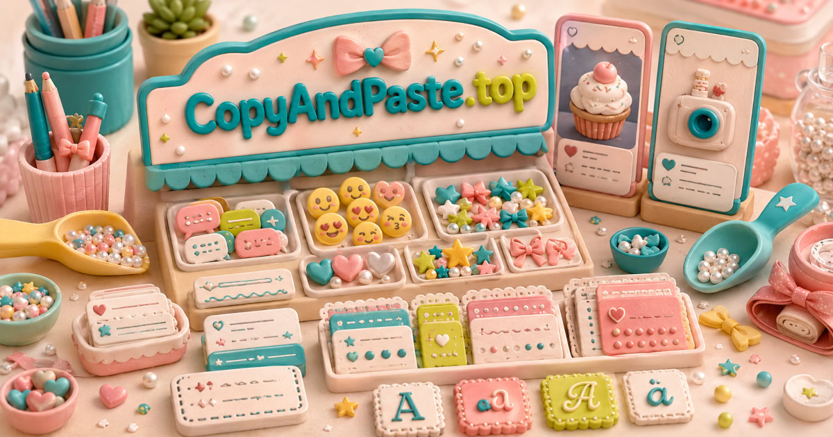 TikTok Caption Symbols Pack illustration showing caption strips, emoji combos, symbols, fonts, and short copy-paste text.