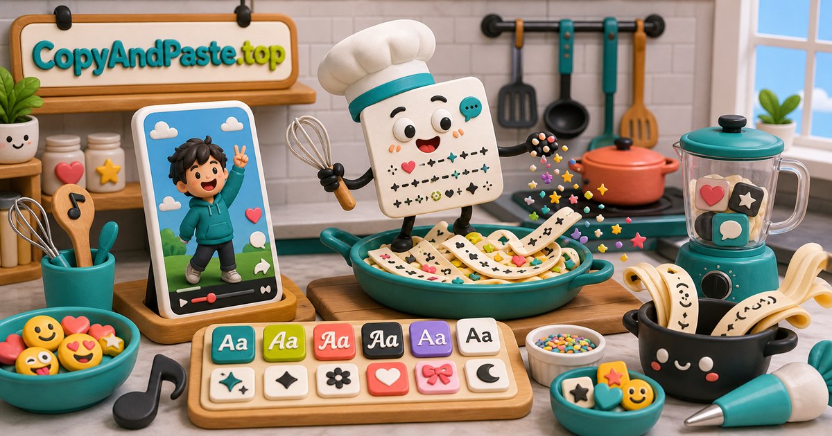 TikTok Fonts, Captions, and Symbols illustration showing short video caption cards, cooked caption strips, emoji combos, symbols, font tiles, and CopyAndPaste.top copy-paste tools.